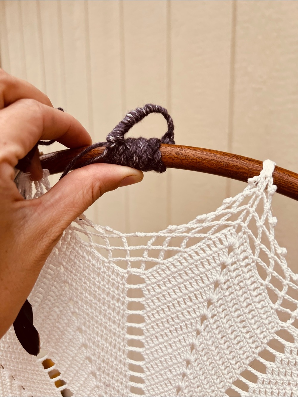 Handmade White Crochet Dreamcatcher Wall Hanging with Brown Hoop Boho Western - Picture 15 of 16